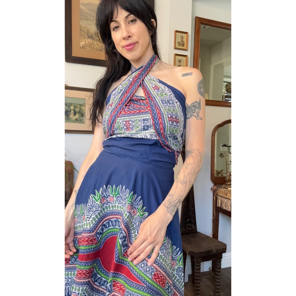 Vintage 60s 70s wrap convertible halter dress dashiki print hippie bohemian - Picture 9 of 9